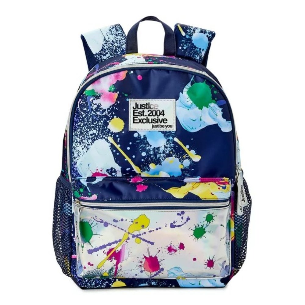 Justice Girls 17" Laptop Backpack Iridescent Blue Multi-Color Splatter